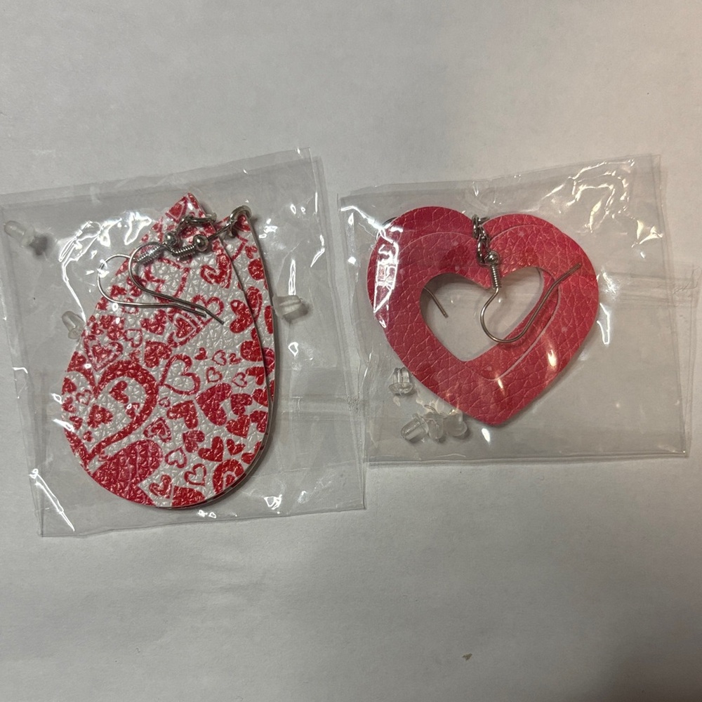 Faux leather earrings Red and White Heart  Set